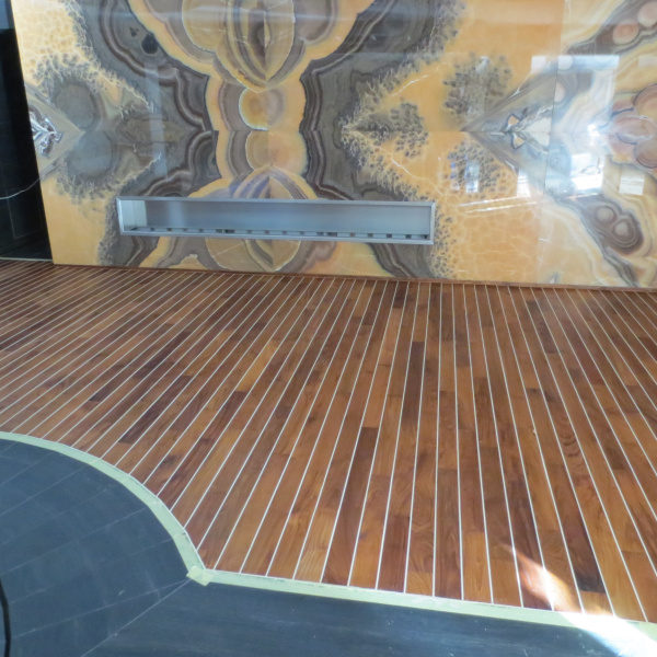 Oiled and Waxed Teak Swedish Floor Around the Pool