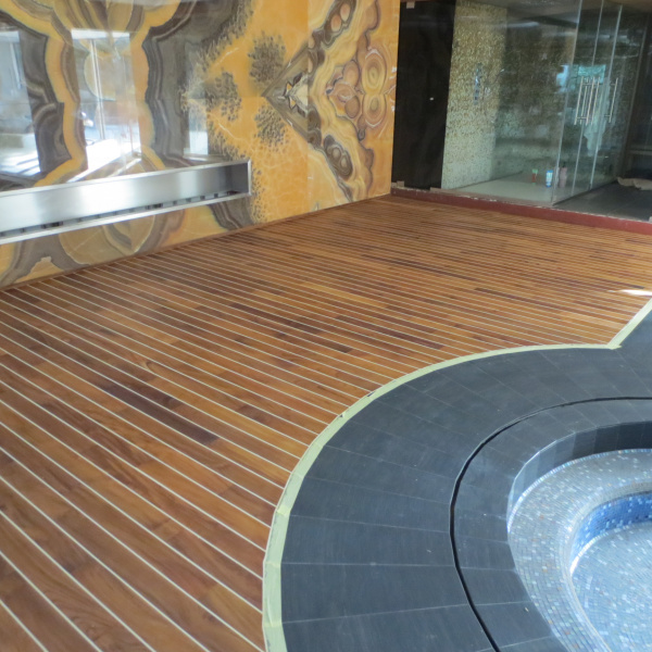 Oiled and Waxed Teak Swedish Floor Around the Pool