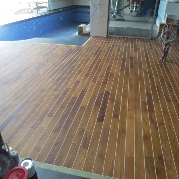 Oiled and Waxed Teak Swedish Floor Around the Pool