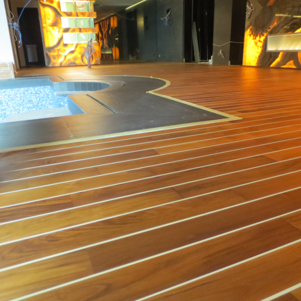 Oiled and Waxed Teak Swedish Floor Around the Pool