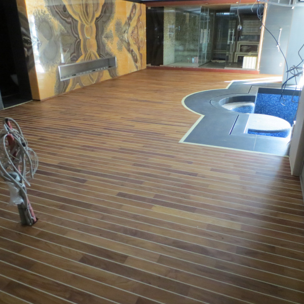 Oiled and Waxed Teak Swedish Floor Around the Pool