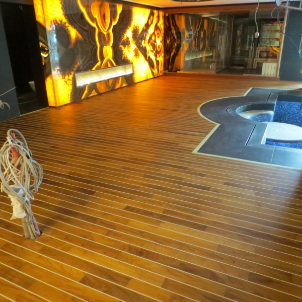 Oiled and Waxed Teak Swedish Floor Around the Pool